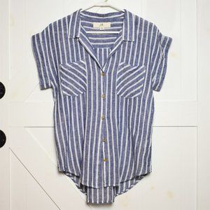 Thread + Supply button up cap sleeve collar shirt striped navy blue white size S